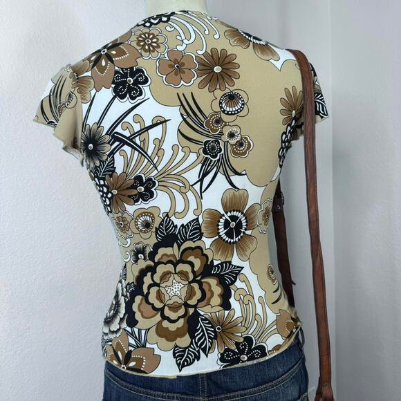 Y2K Brown Floral Faux Wrap Top Retro Boho Print Short Sleeve O-Ring Medium - Picture 4 of 7